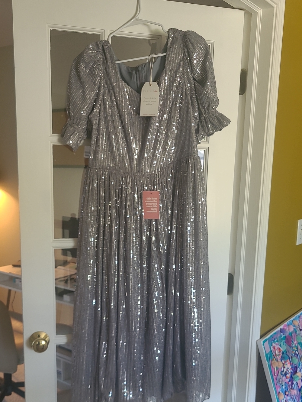 Ivy City Co Silver Sequin Puff-Sleeve Maxi Dress